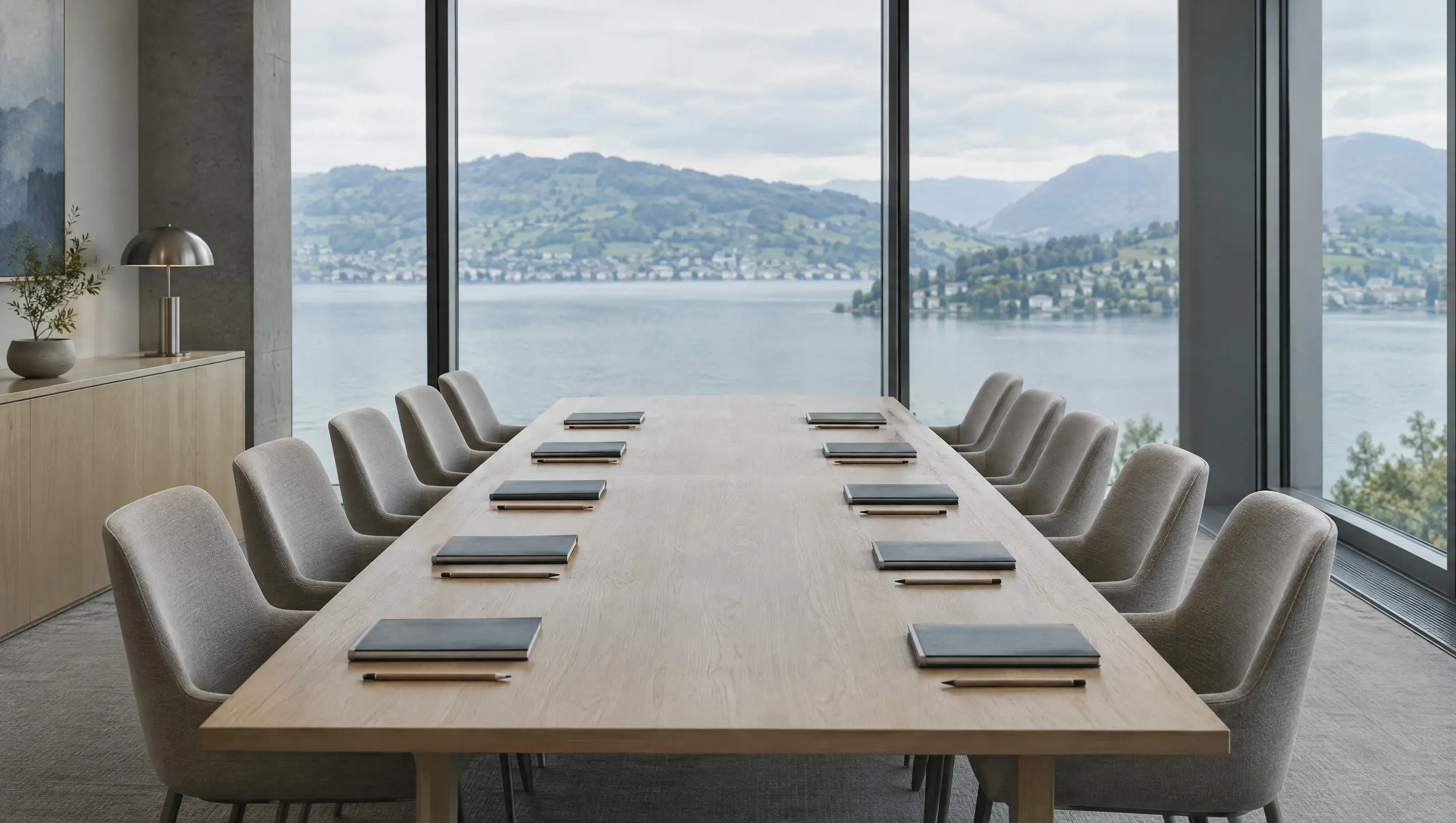 Une salle de séminaire lumineuse avec des chaises vides et vue sur le lac
