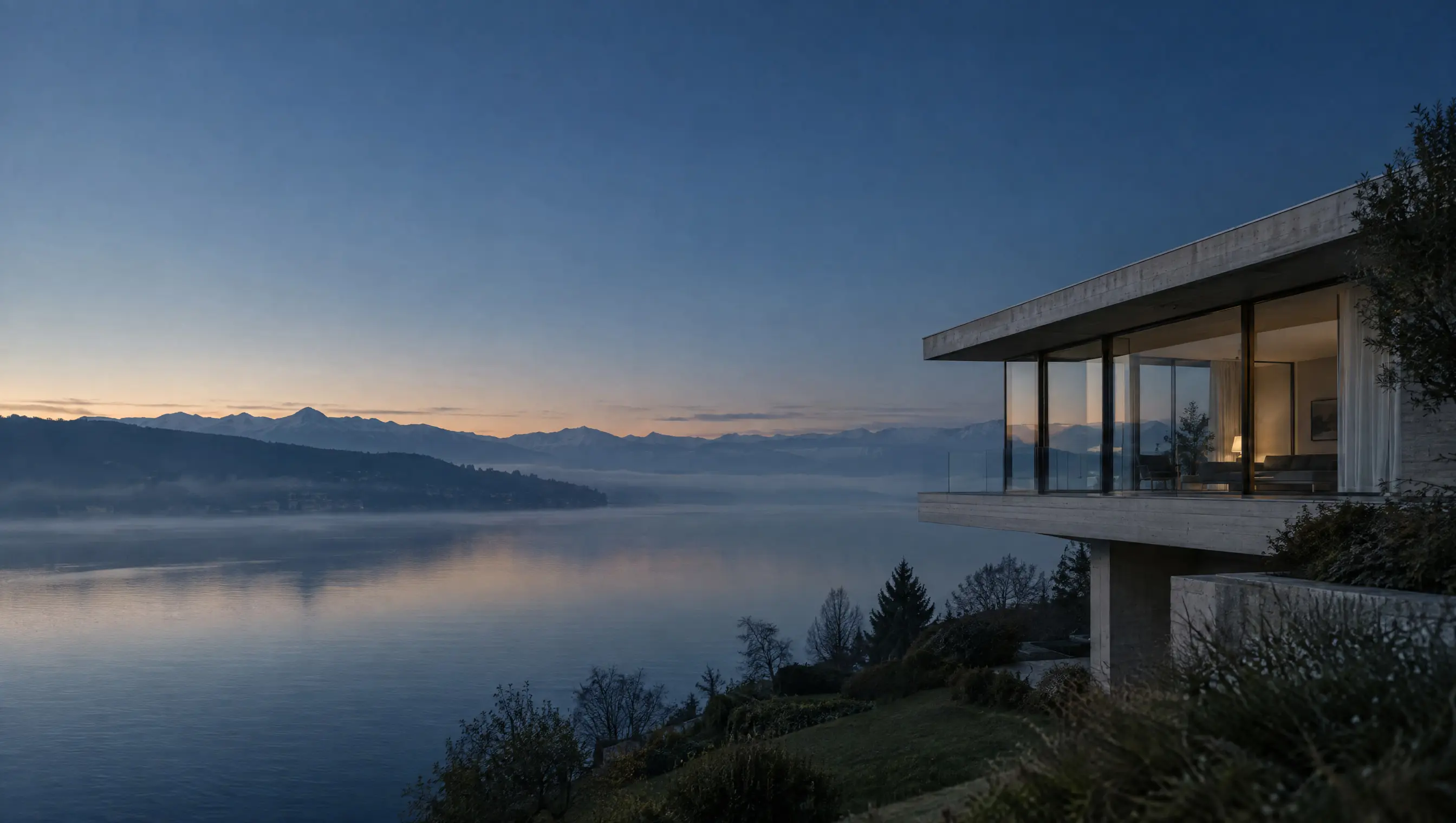 Architecture moderne au-dessus du lac de Zoug aux premières lueurs du matin