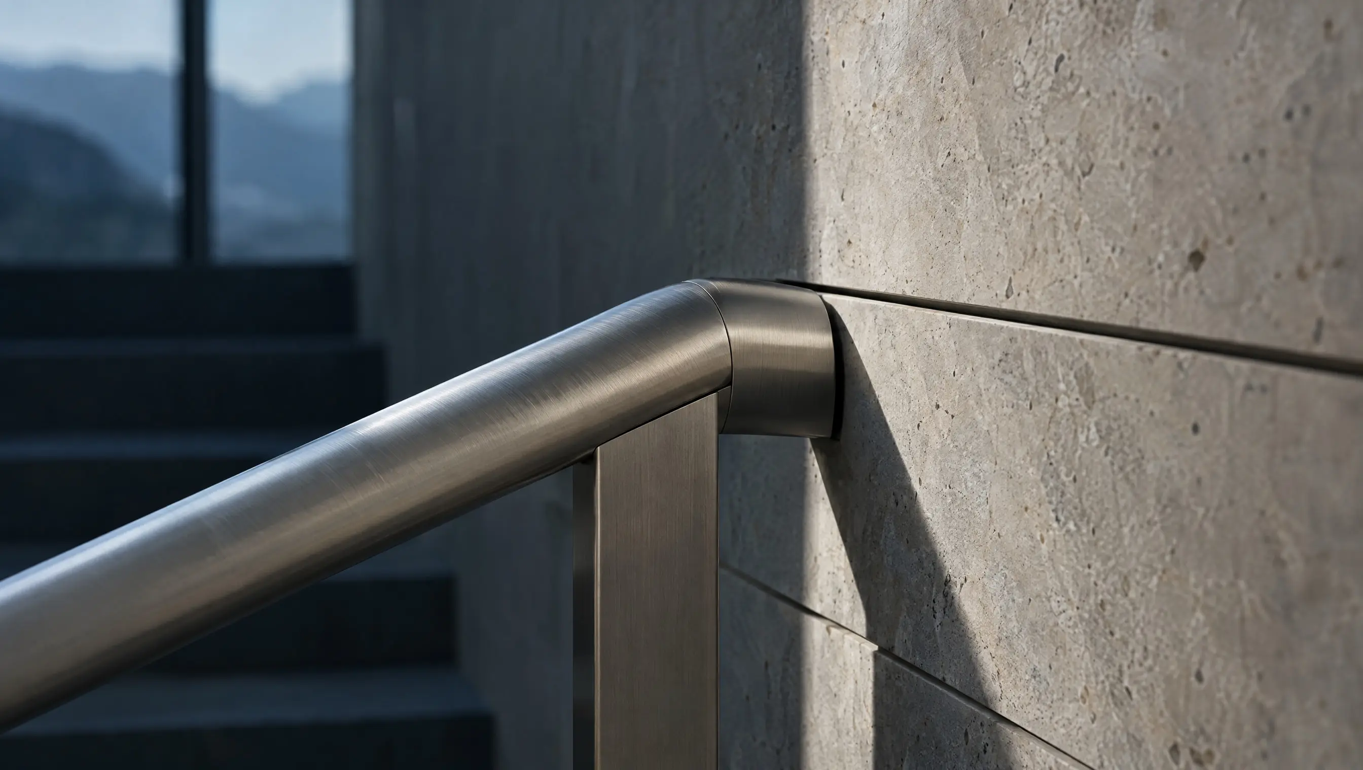 Détail d’une main courante en acier inoxydable contre un mur de calcaire