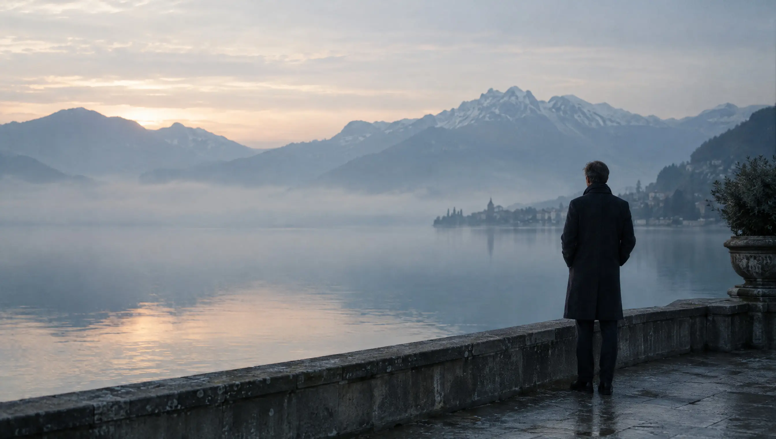 Une personne sur une terrasse regarde le lac dans la lumière du matin